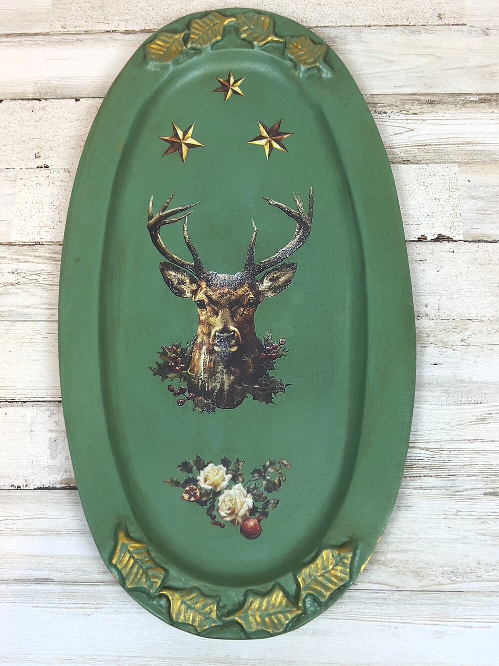 Upcycled Christmas Deer Stag Tray Green Holly Rustic Cabin Lodge Holiday Decor